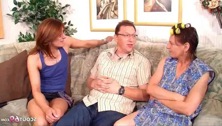 TWO GERMAN MATURES SEDUCE NERD NEIGBHOUR TO THREESOME SEX
