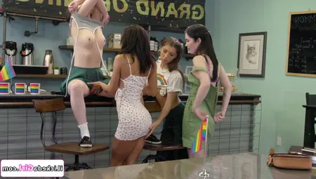 Three Lesbian Customers Pussy Licking Coffee Shop Owner